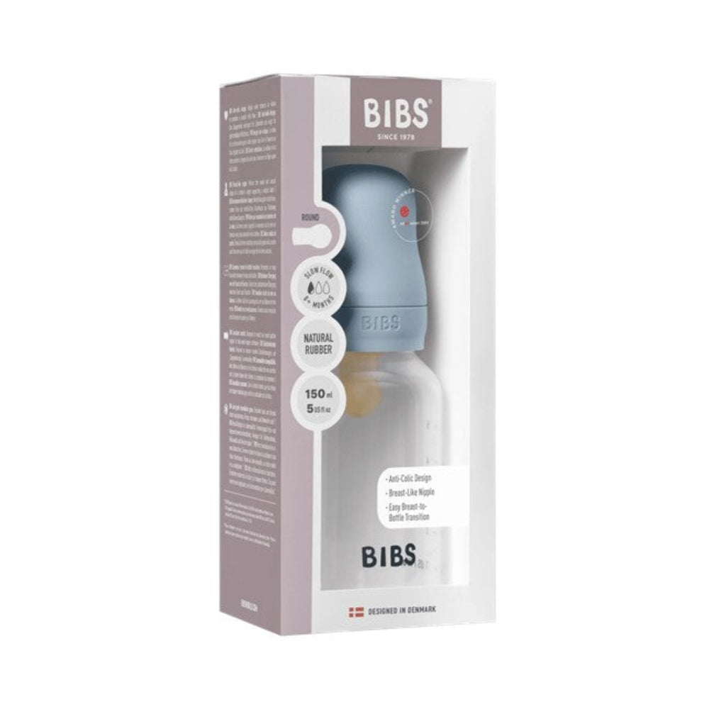 Bibs BPA Free Bottle 150ml Slow Flow - Latex Teat - Baby Blue