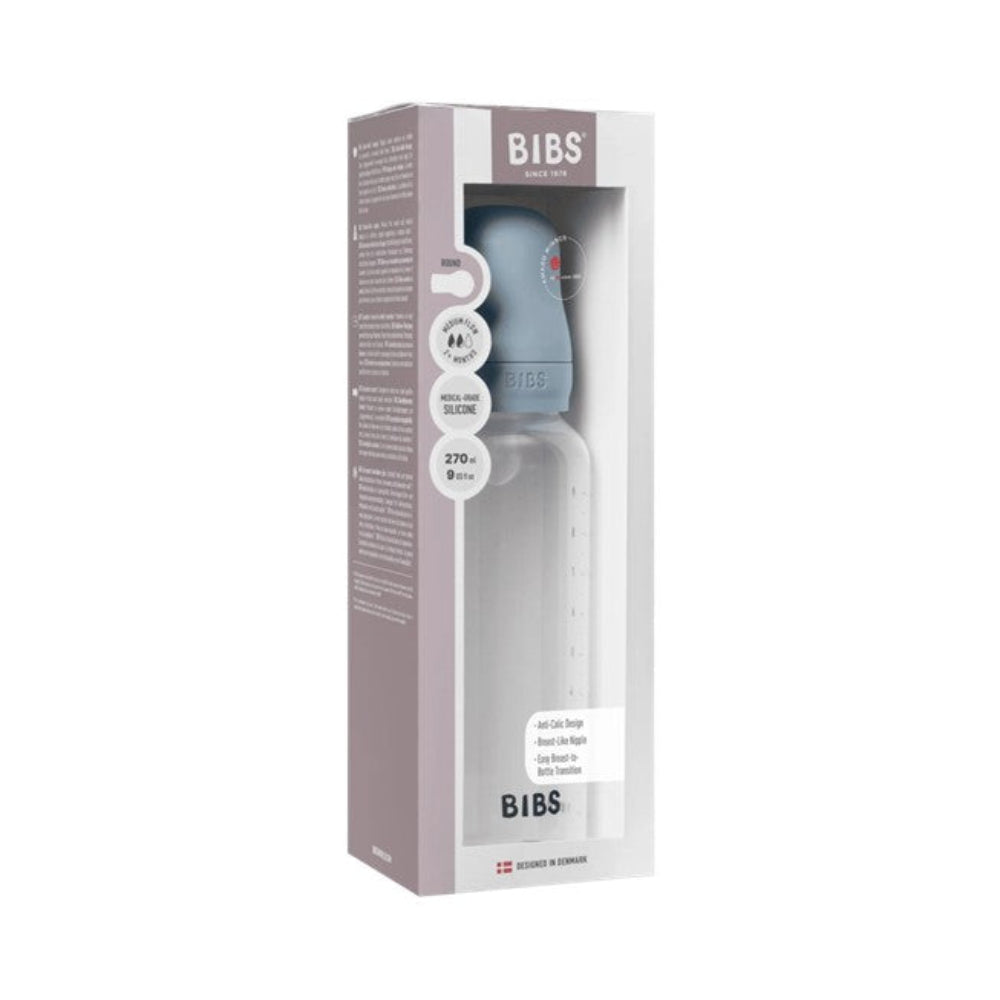 Bibs BPA Free Bottle 270ml Medium Flow - Silicone Teat - Baby Blue