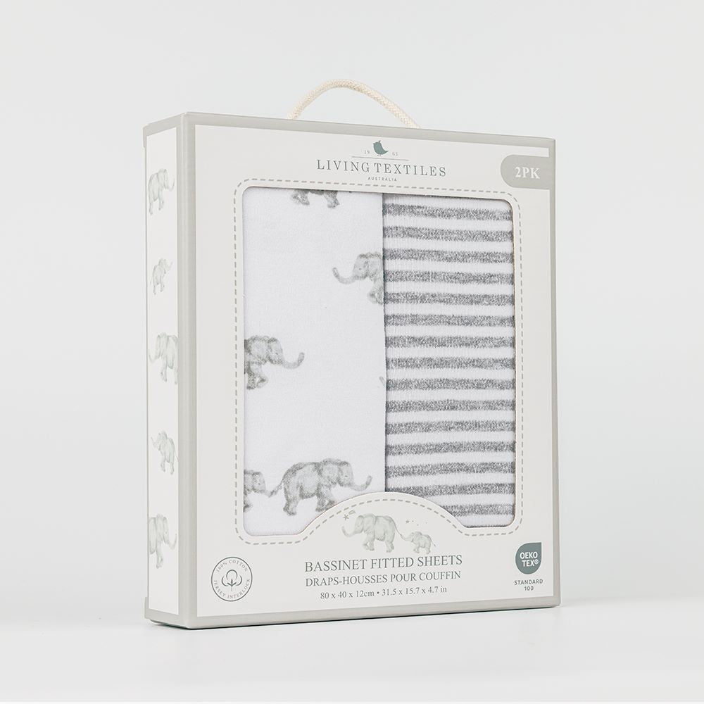 Living Textiles Pram/Moses Fitted Sheet 2 Pk Jersey - Watercolour Elephant