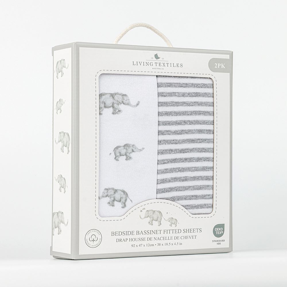 Living Textiles 2pk Bedside Bassinet Fitted Sheets - Watercolour Elephant