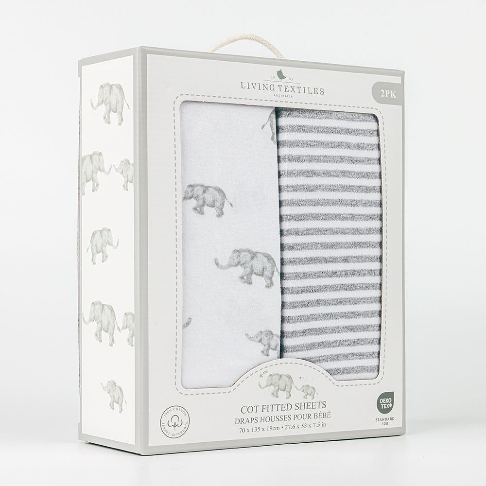 Living Textiles 2pk Jersey Cot Fitted Sheets - Watercolour Elephant