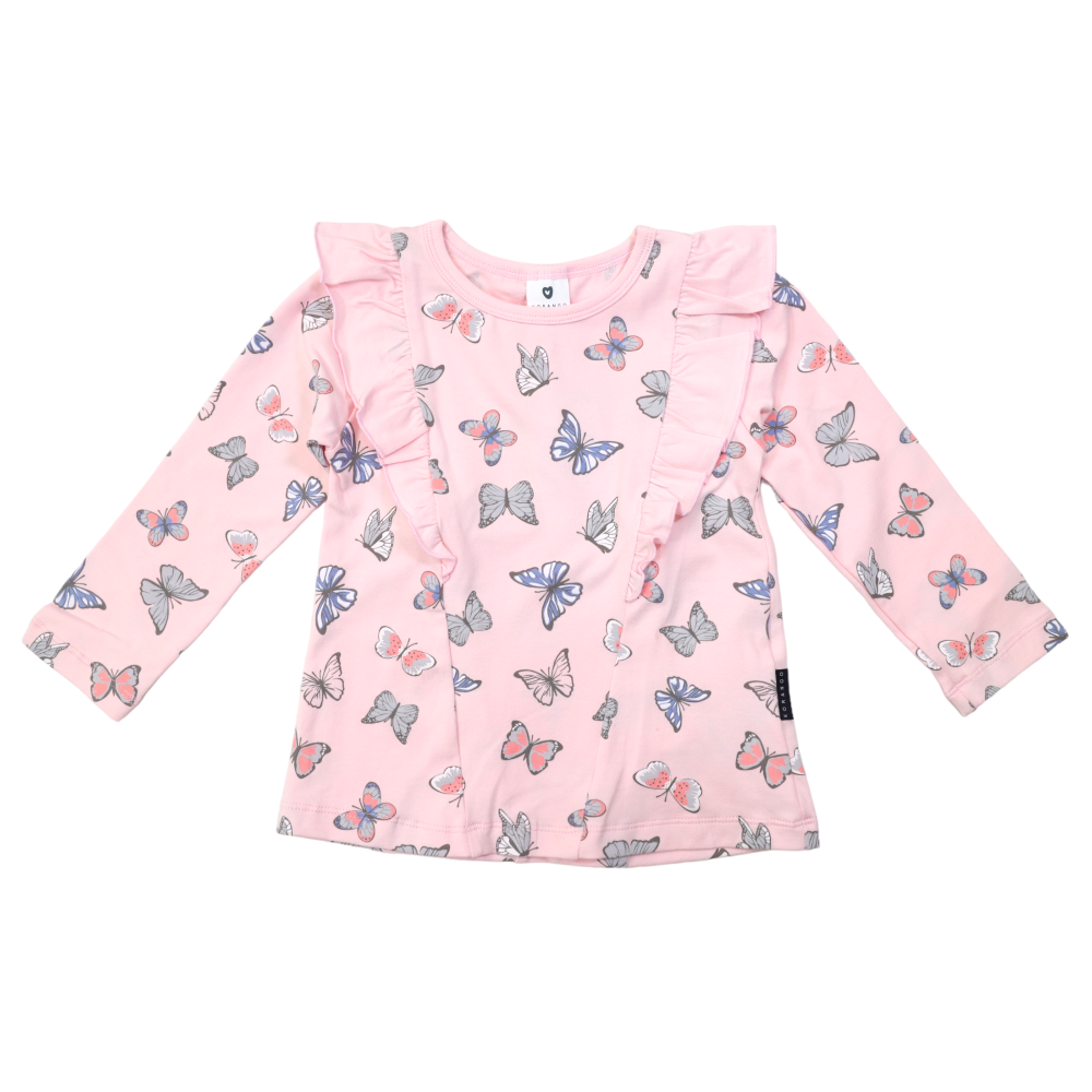 Korango Butterfly Print Tee with Frill - Fairytale Pink