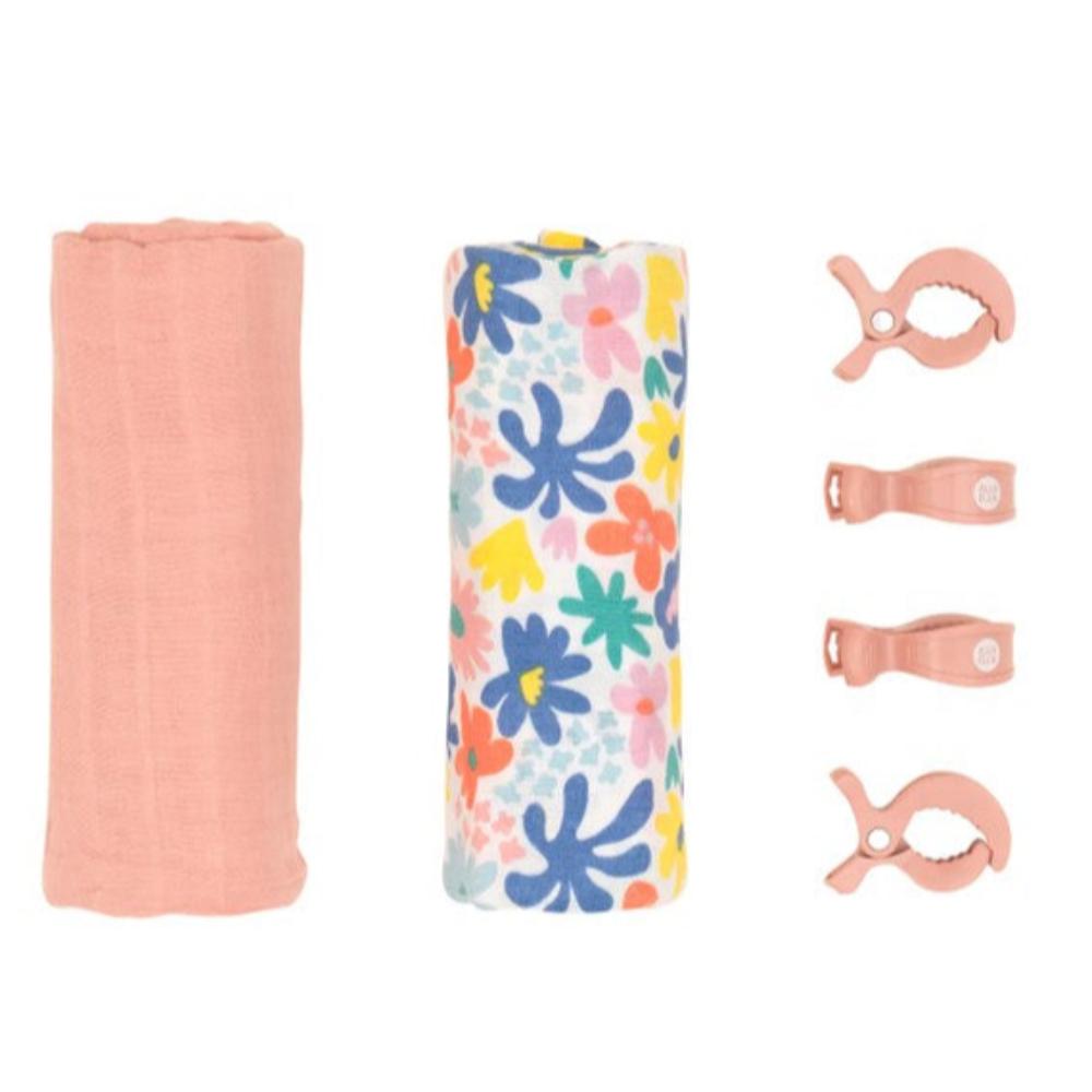 All4Ella 2 Pack Muslin Wraps & 4 Pegs - Bright Floral