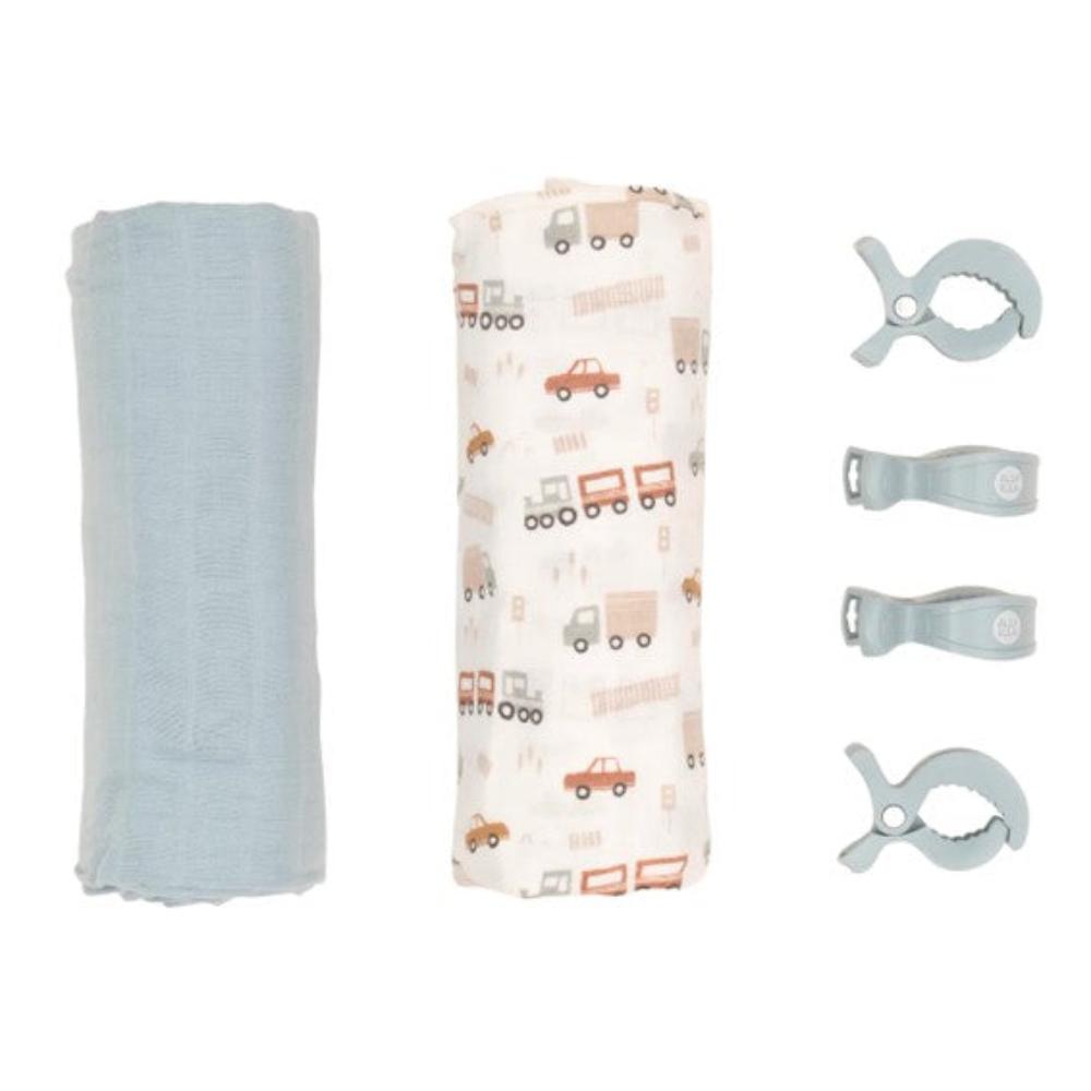 All4Ella 2 Pack Muslin Wraps & 4 Pegs - Trucks