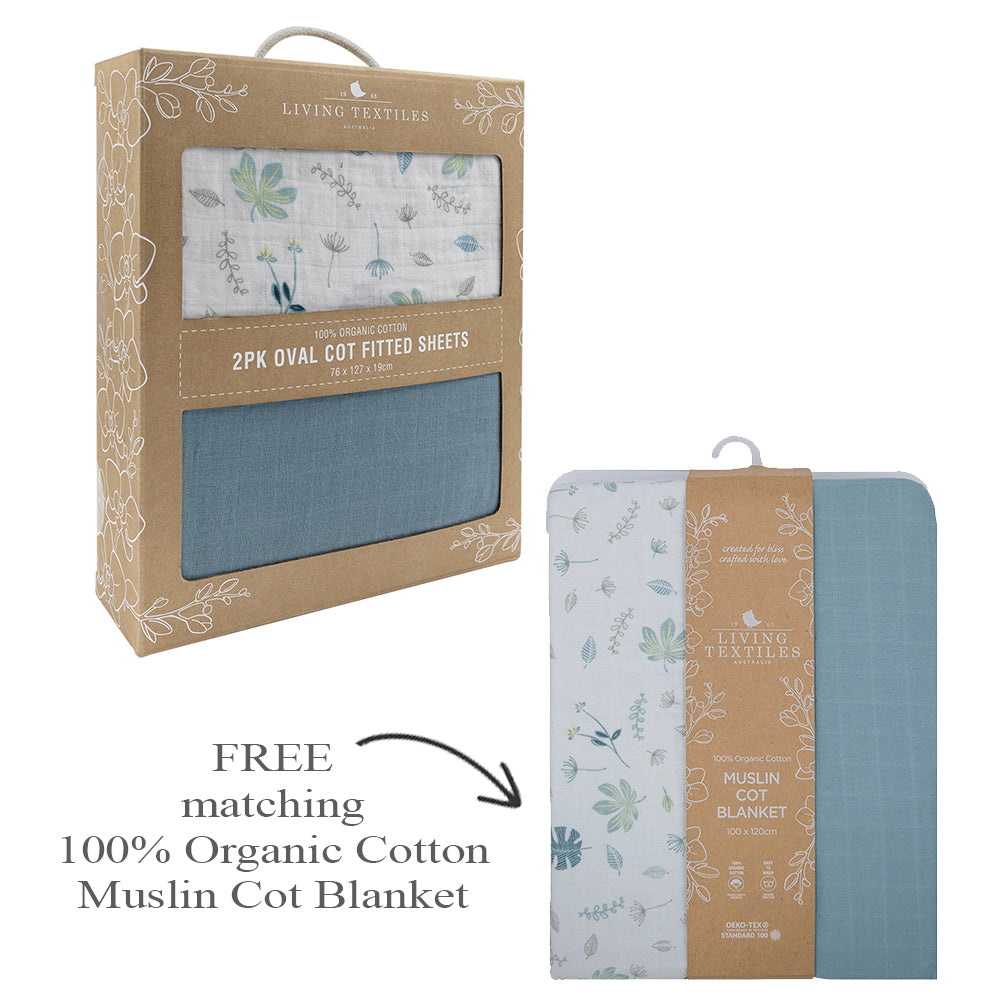Living Textiles Organic Muslin 2-pack Oval Cot Fitted Sheets - Banana Leaf/Teal + FREE Matching Cot Blanket