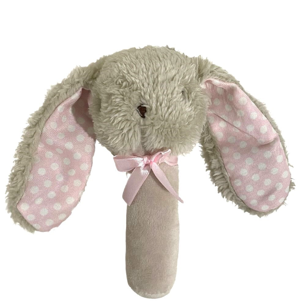 ES Kids Fluffy Bunny Stick Rattle - Beige/Pink 17cm