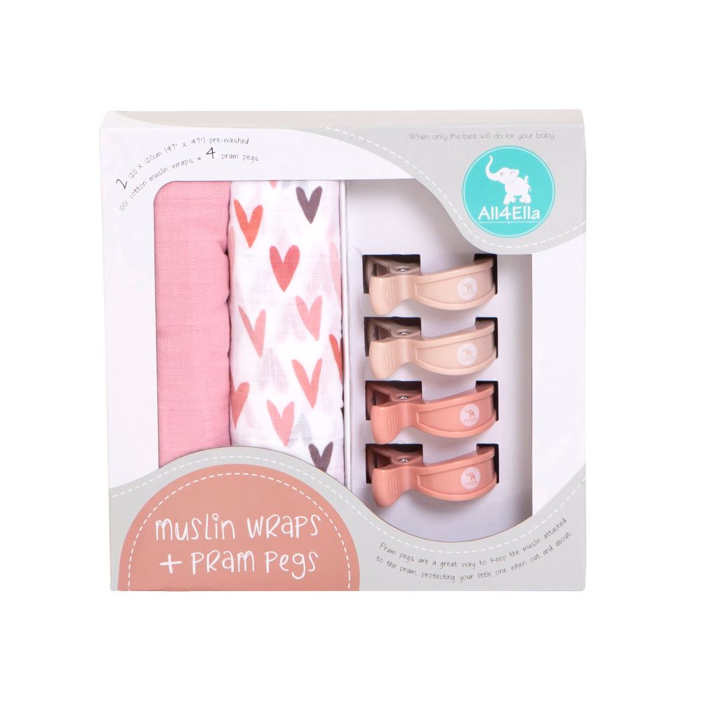 All4Ella 2 Pack wraps & 4 pegs - Hearts and Pink