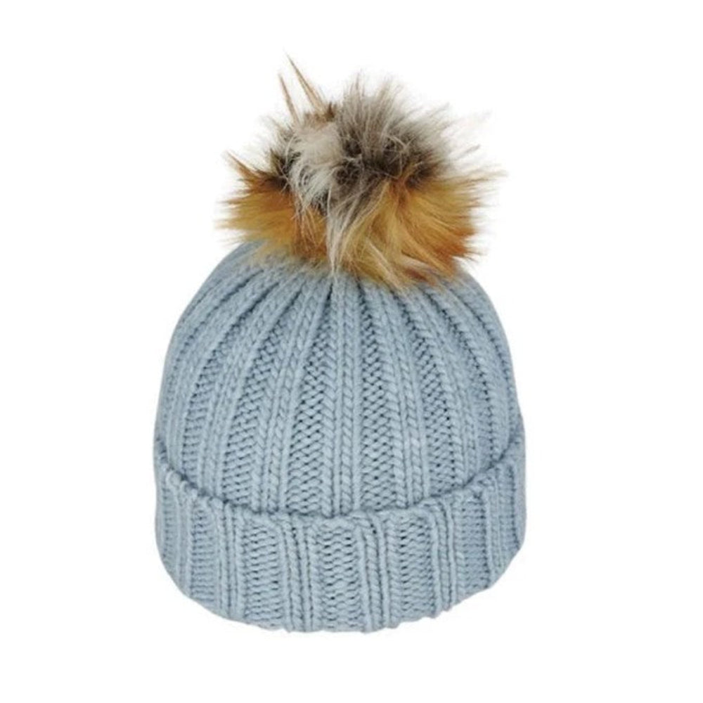 Avenel Juniper Chunky Knit Kids Beanie with Faux Fur Pom Pom - Denim