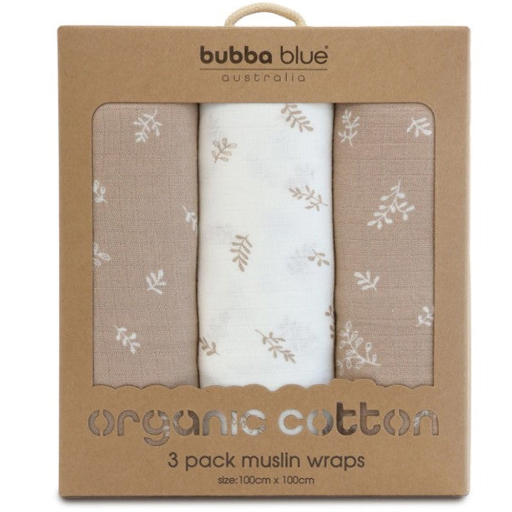 Bubba Blue Organic Cotton 3pk Muslin Wraps - Chestnut