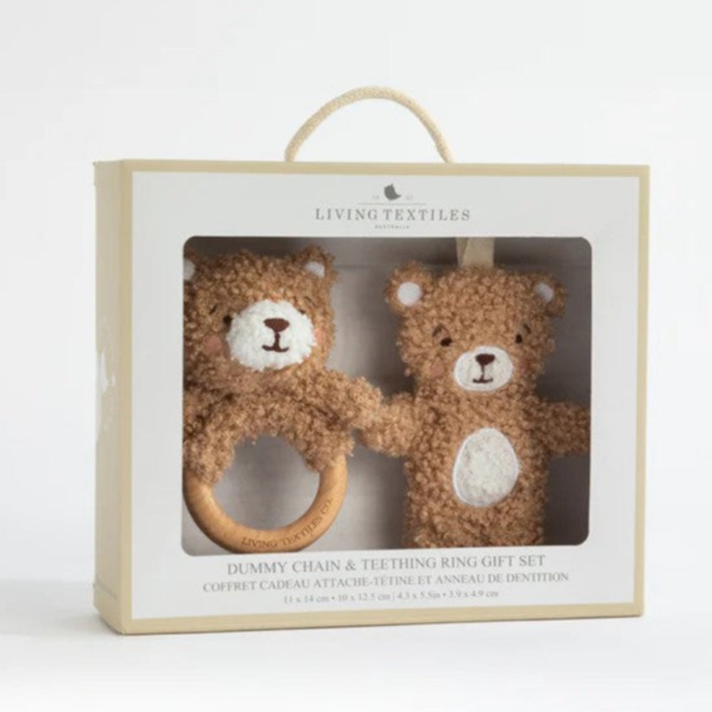 Living Textiles Teething Ring + Dummy Chain Gift Set - Cuddly Bear