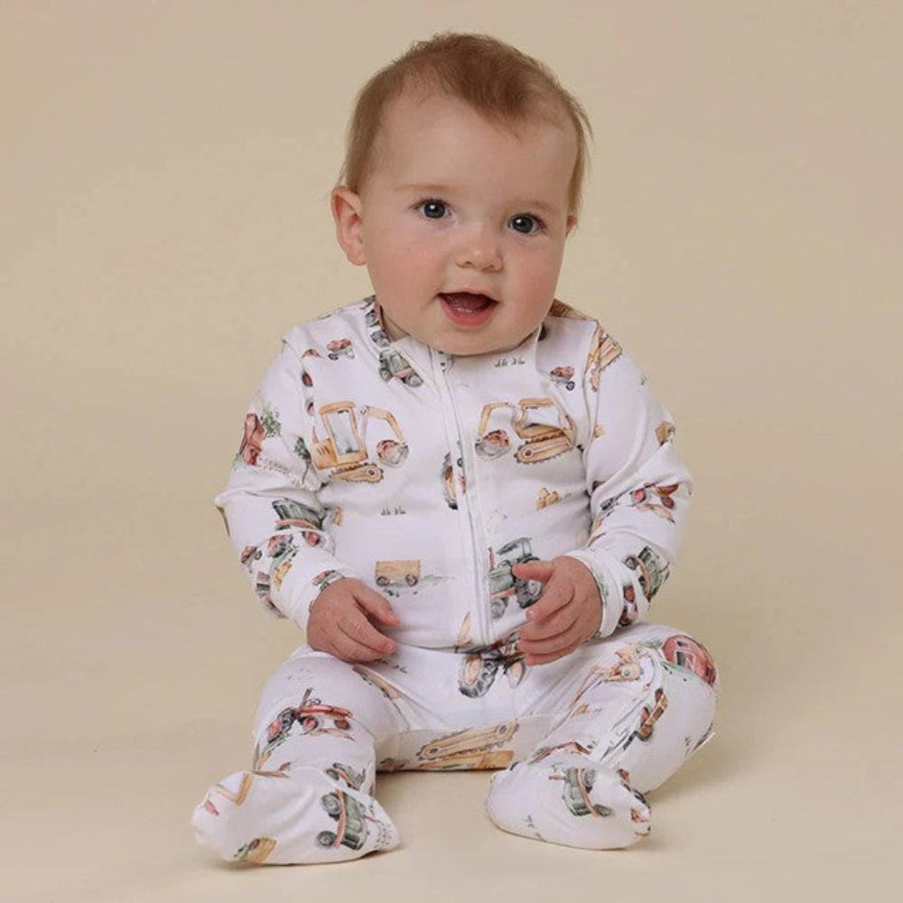 Snuggle Hunny Organic Snuggle Sleepsuit Zip Footie - Diggers + Tractors