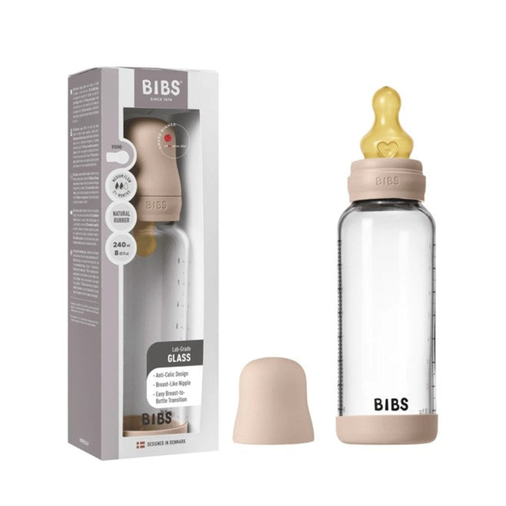 Bibs Glass Baby Bottle Complete Set 240ml Medium Flow Latex - Blush