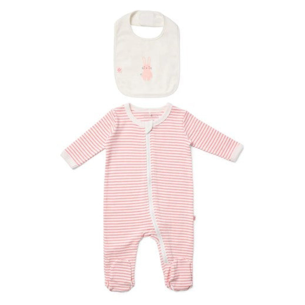 Marquise Striped Zip Growsuit and Bib 2 pce Set - Bunny