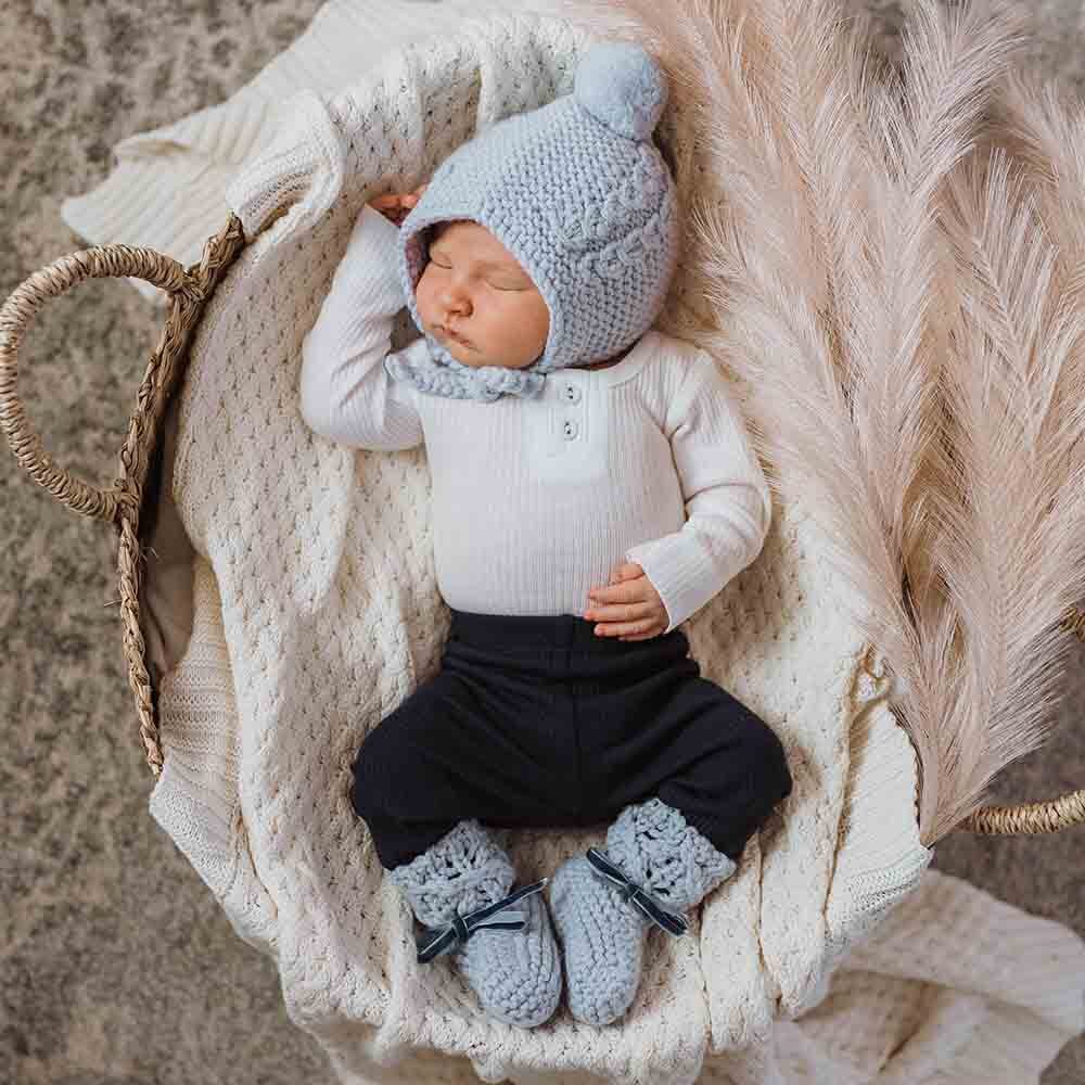 Snuggle Hunny Merino Wool Bonnet & Booties - Blue