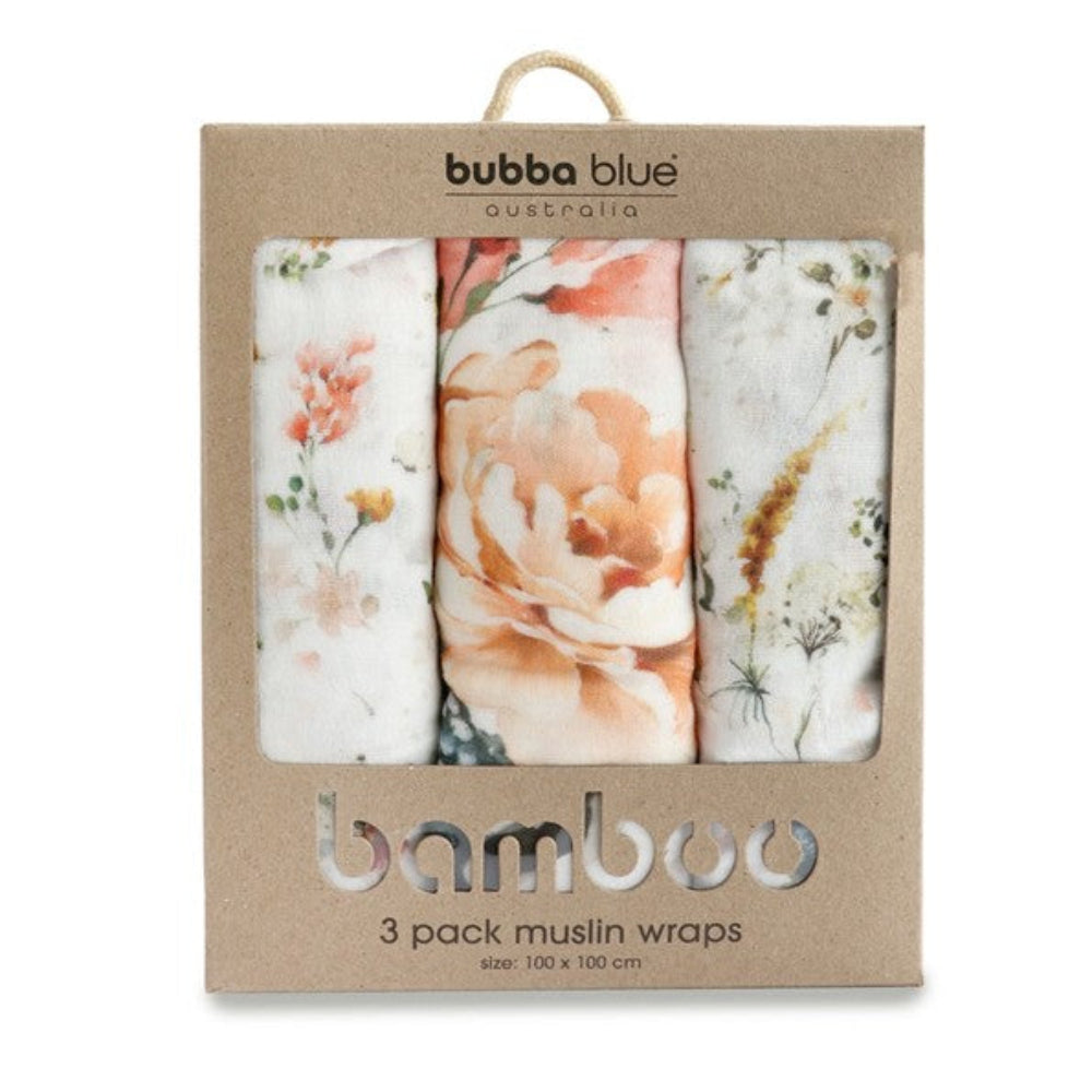Bubba Blue Bamboo 3pk Muslin Wraps - Peonies