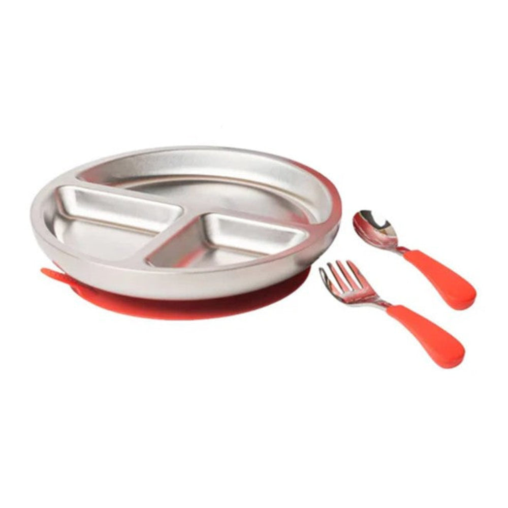 Lion + Lady Stainless Steel Toddler Plate with Fork and Spoon - Fuschia Pink