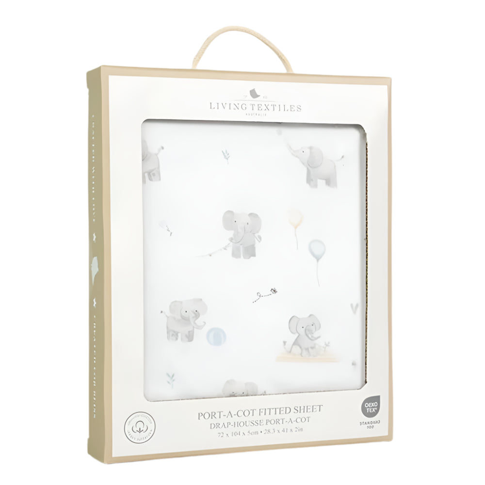Living Textiles Port a Cot Fitted Sheet - Elephant Playtime