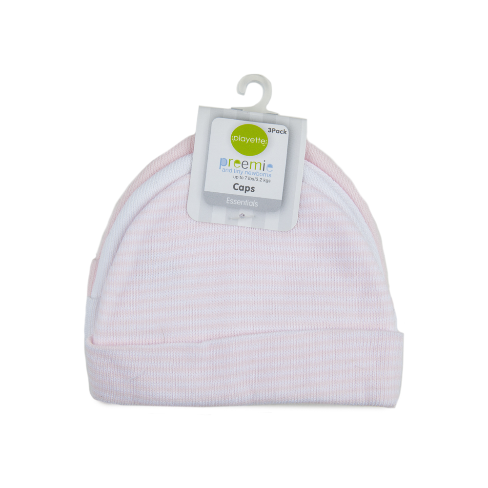 Playette Essentials Preemie Caps 3 pk Pink/White