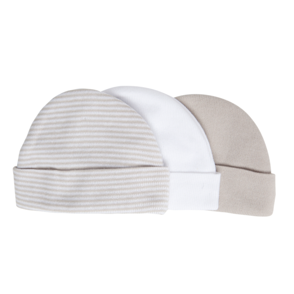 Playette Essentials Preemie Caps 3 pk Grey/White