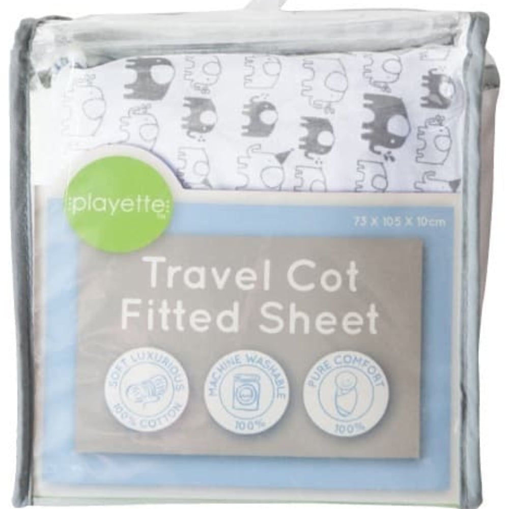 Playette Travel Cot Fitted Sheet - White Elephants