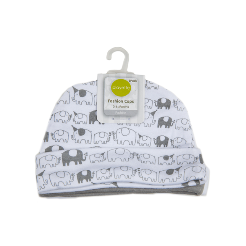 Playette Fashion Caps Elephants/Grey/White 3 pk