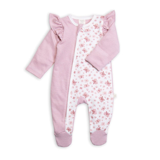 Tiny Twig Frill Side Zipsuit - Rose Stripes/Butterfly