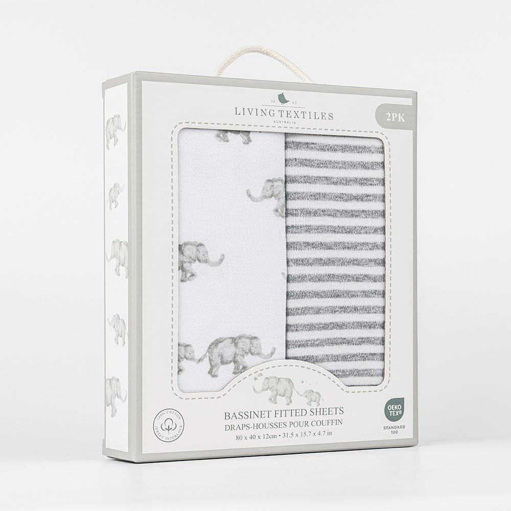 Living Textiles Bassinet Fitted Sheet 2 Pk Jersey - Watercolour Elephant