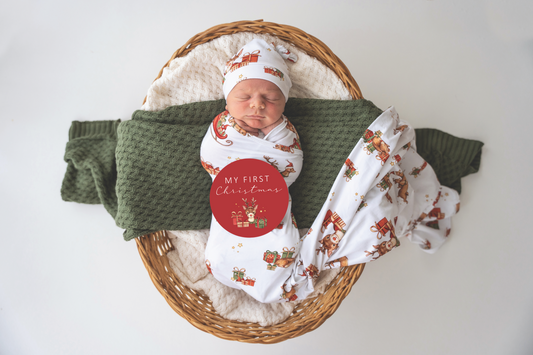Snuggle Hunny Organic Jersey Wrap & Beanie Set + Milestone Card - Reindeer