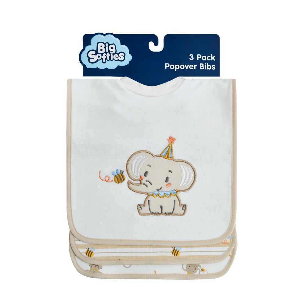Big Softies Bib Popover 3 Pk - Elephant