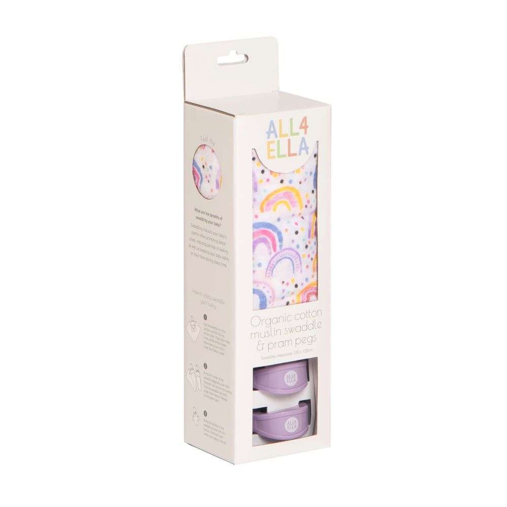 All4Ella Muslin Wrap & 2 Pram Peg Box Set - Watercolour Rainbow