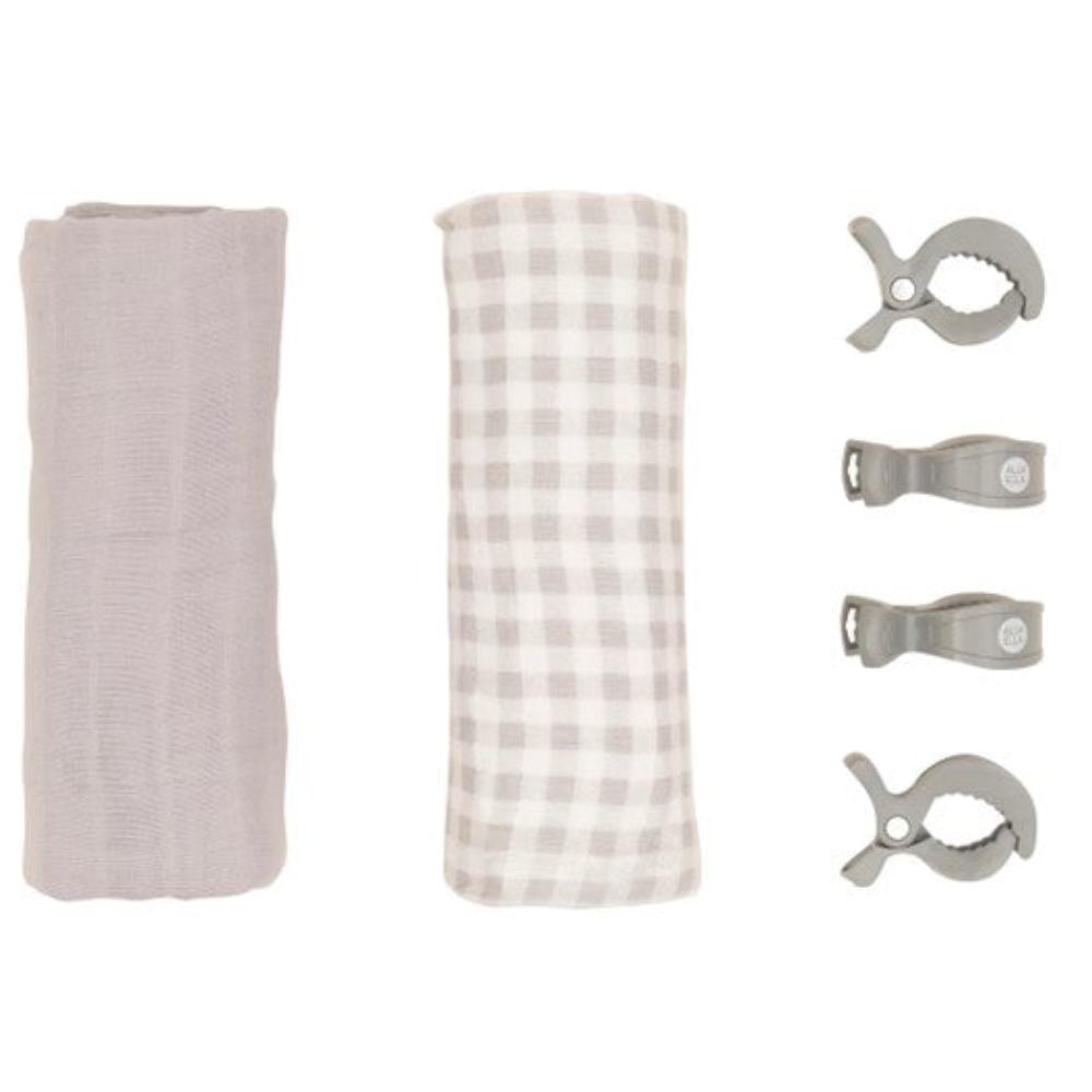 All4Ella 2 Pack Muslin Wraps & 4 Pegs - Gingham Grey