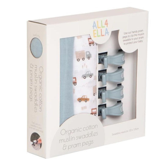 All4Ella 2 Pack Muslin Wraps & 4 Pegs - Trucks