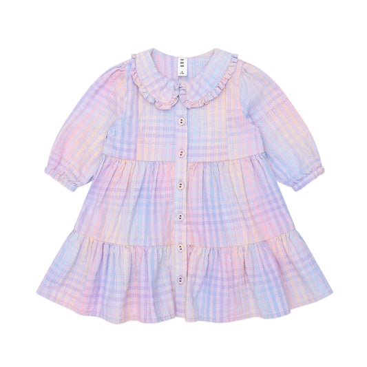 Huxbaby Rainbow Check Long Sleeve Frill Dress