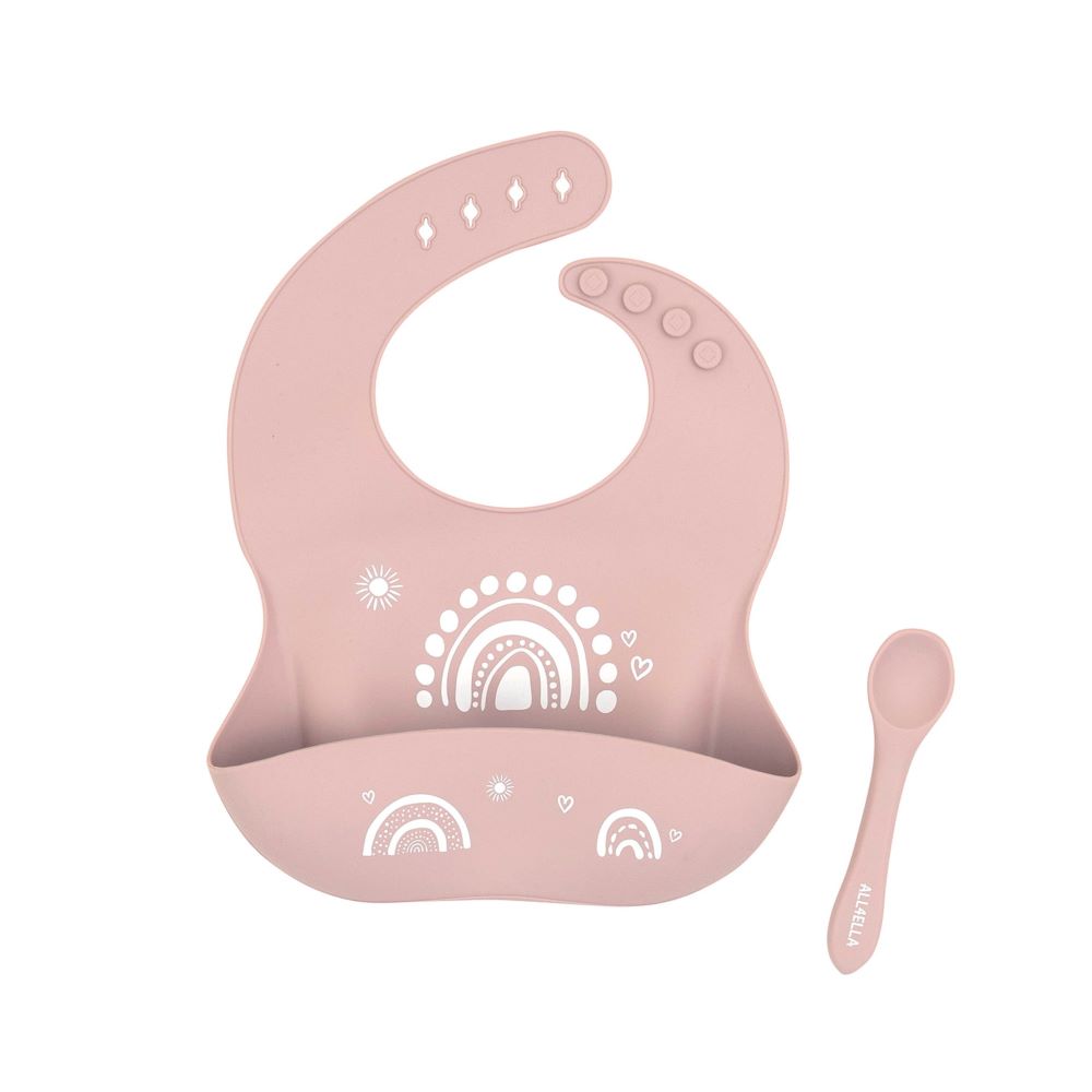 All4Ella Silicone Bib with Spoon - Rainbow Dusty Pink