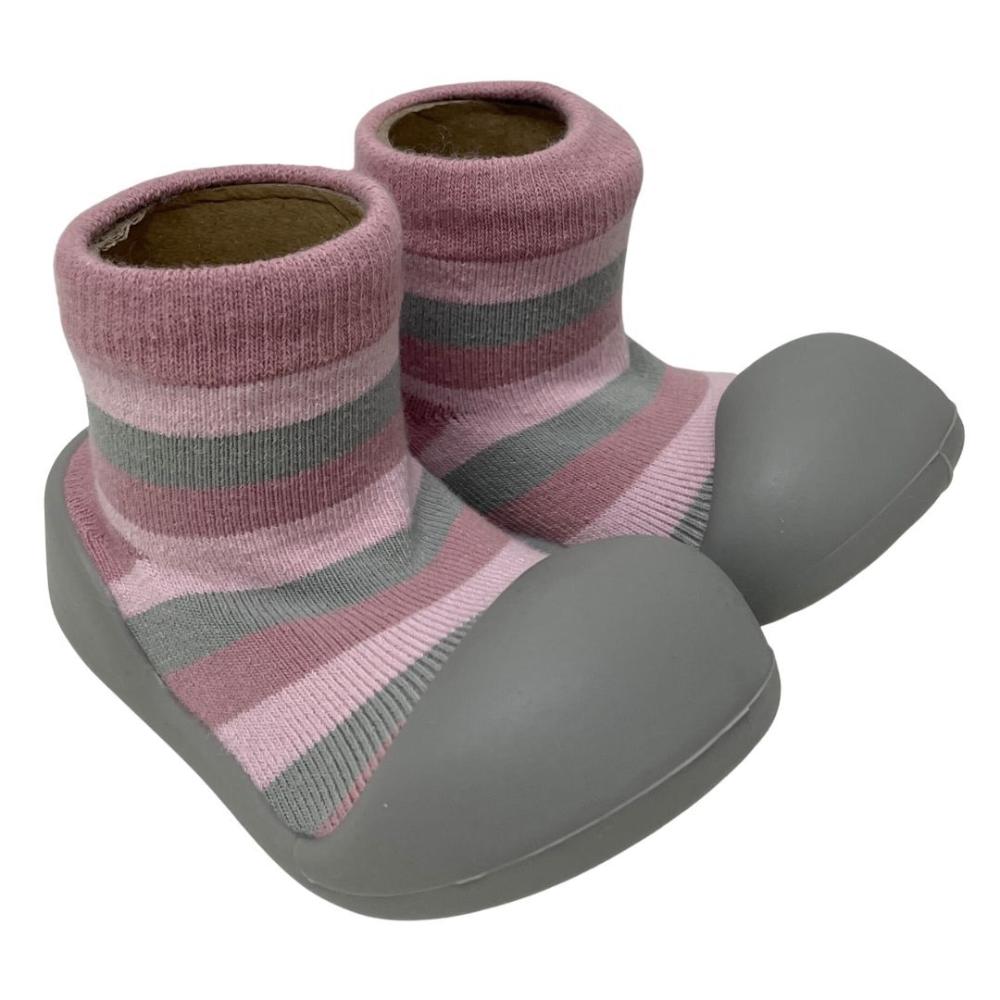 ES Kids Rubber Soled Socks - Pink/Grey Stripe