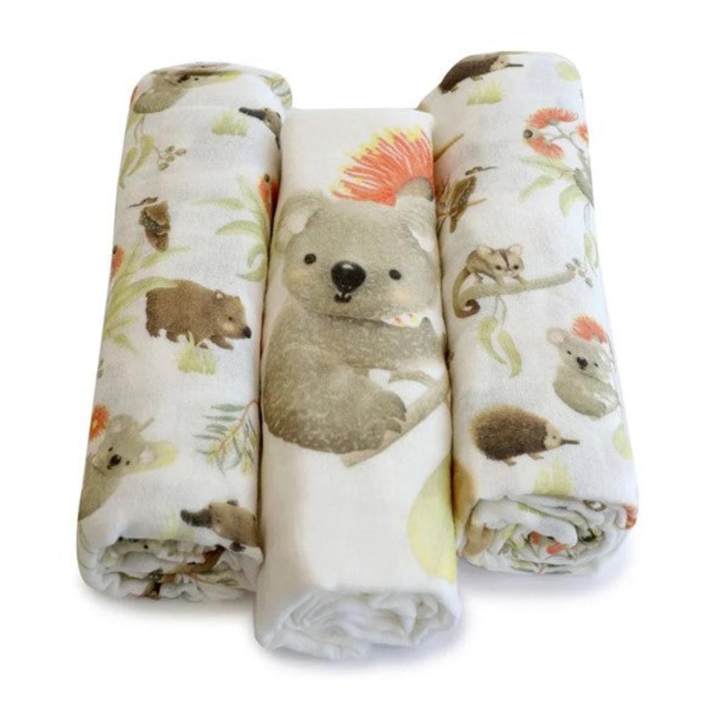 Bubba Blue Aussie Animals 3pk Muslin Wraps