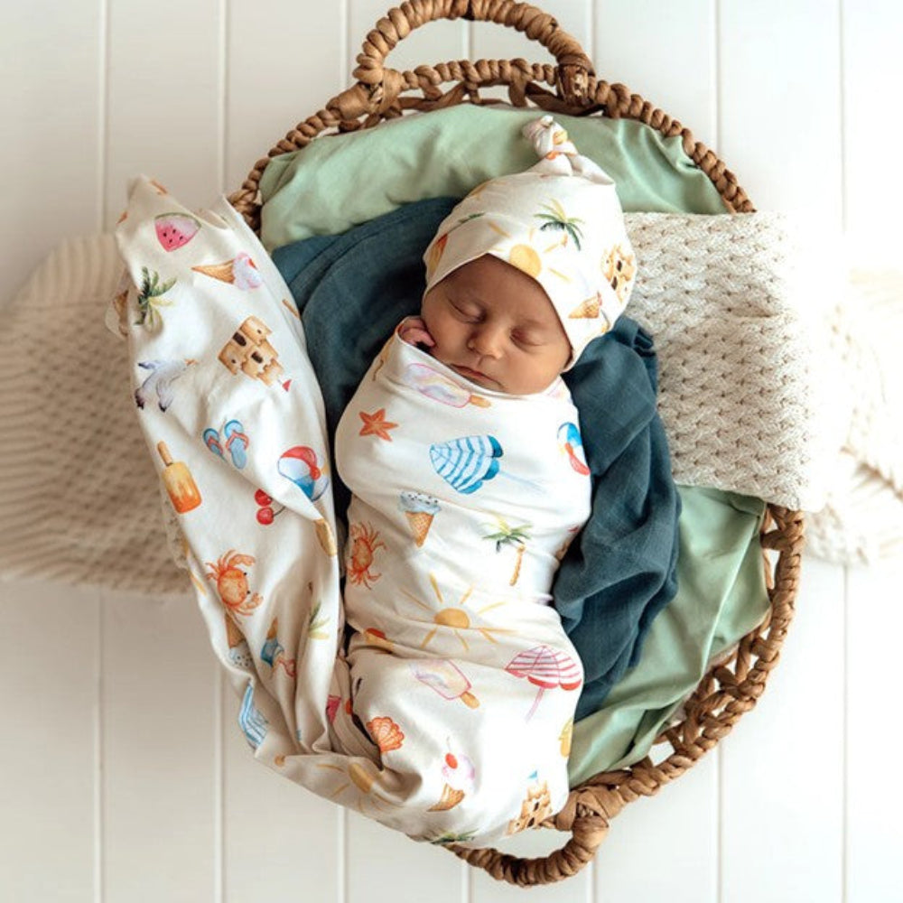 Snuggle Hunny Organic Jersey Wrap & Beanie Set - Beach Fun