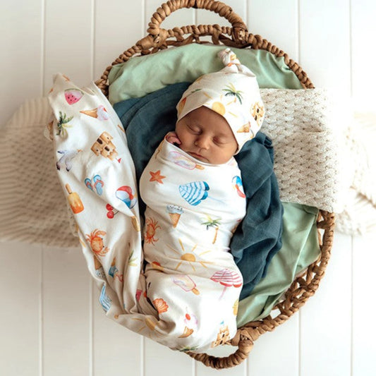 Snuggle Hunny Organic Jersey Wrap & Beanie Set - Beach Fun