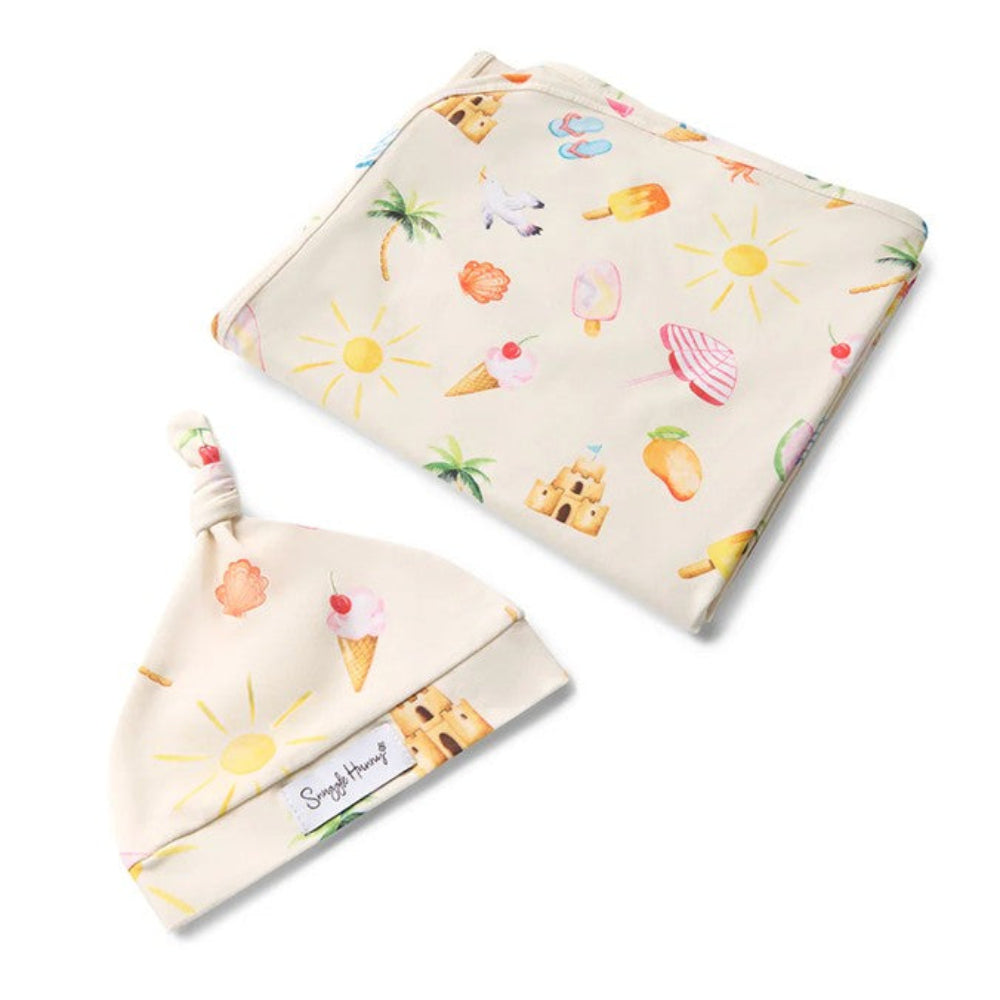 Snuggle Hunny Organic Jersey Wrap & Beanie Set - Beach Fun