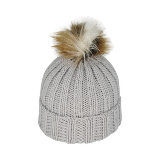 Avenel Juniper Chunky Knit Kids Beanie with Faux Fur Pom Pom - Grey