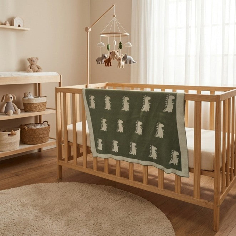 Thread the Word Dinosaur Knitted Bassinet Blanket - Sage-Eggshell