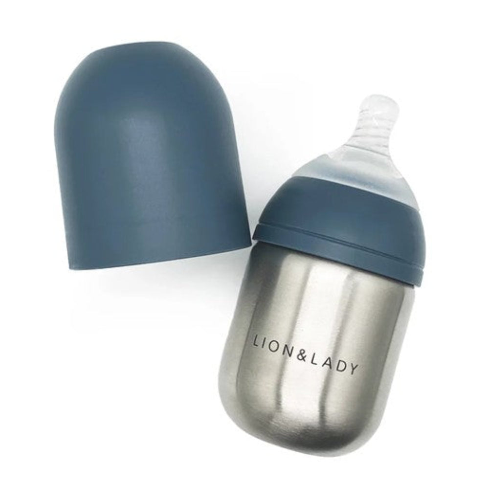 Lion + Lady Stainless Steel Feeding Bottle - French Navy 210 ml