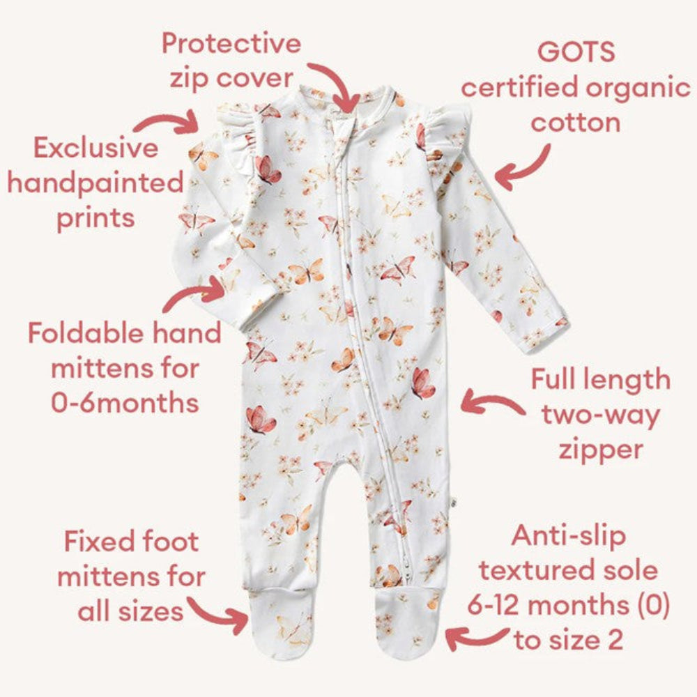 Snuggle Hunny Organic Snuggle Sleepsuit Zip Footie with Frill - Butterfly