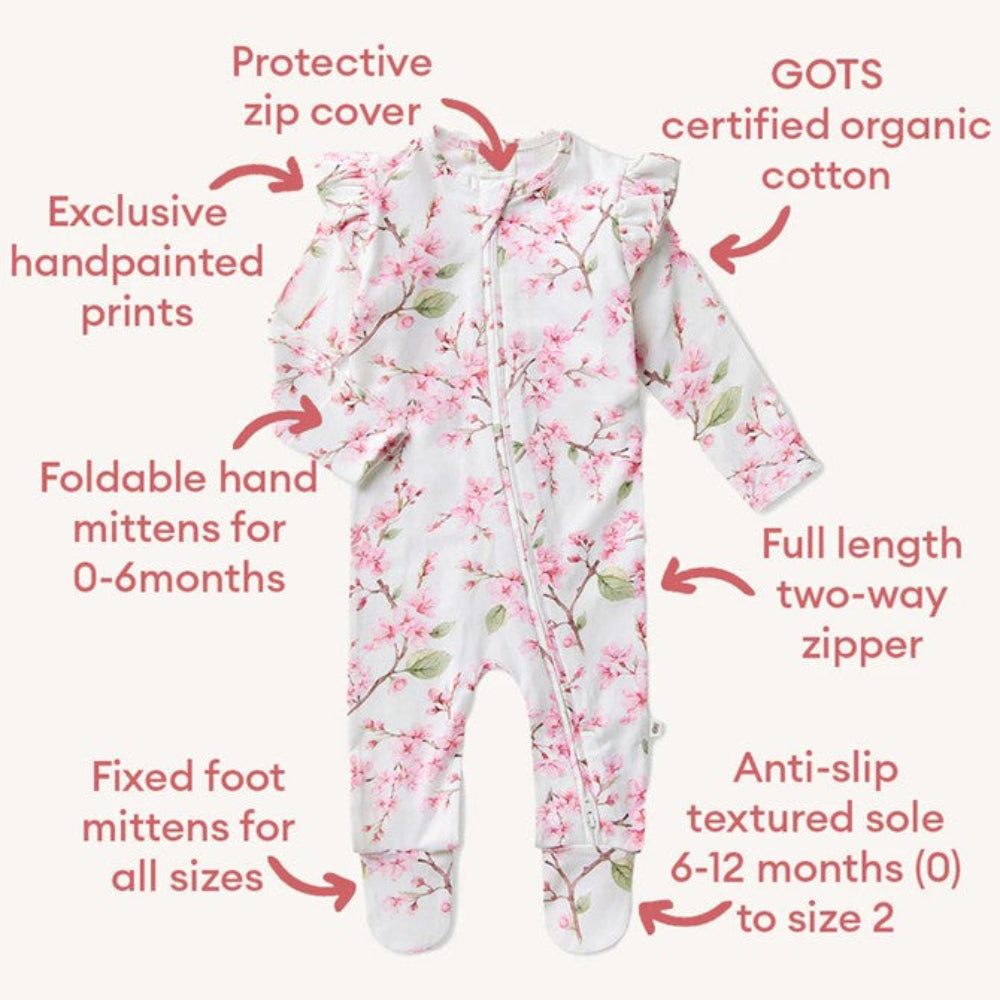 Snuggle Hunny Organic Snuggle Sleepsuit Zip Footie with Frill - Cherry Blossom