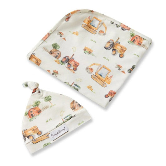Snuggle Hunny Organic Jersey Wrap & Beanie Set - Diggers + Tractors