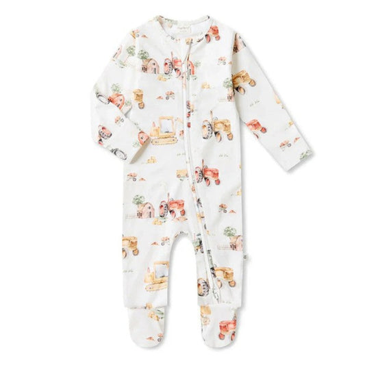 Snuggle Hunny Organic Snuggle Sleepsuit Zip Footie - Diggers + Tractors
