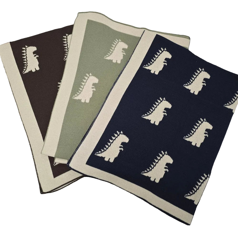 Thread the Word Dinosaur Knitted Bassinet Blanket - Navy-Eggshell