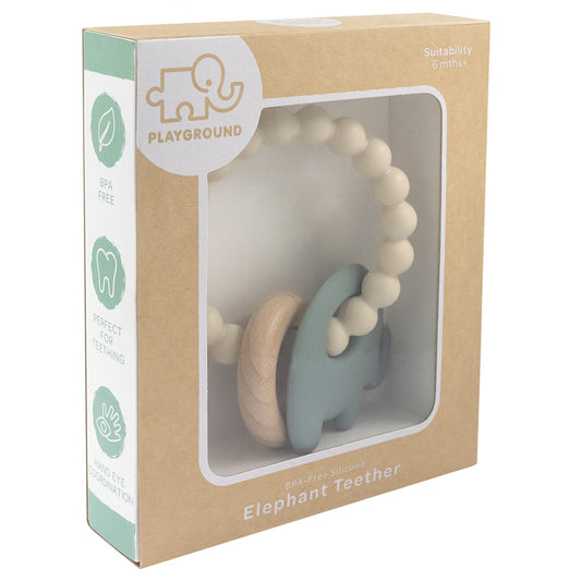 Playground Silicone Elephant Teether - Wooden Ring