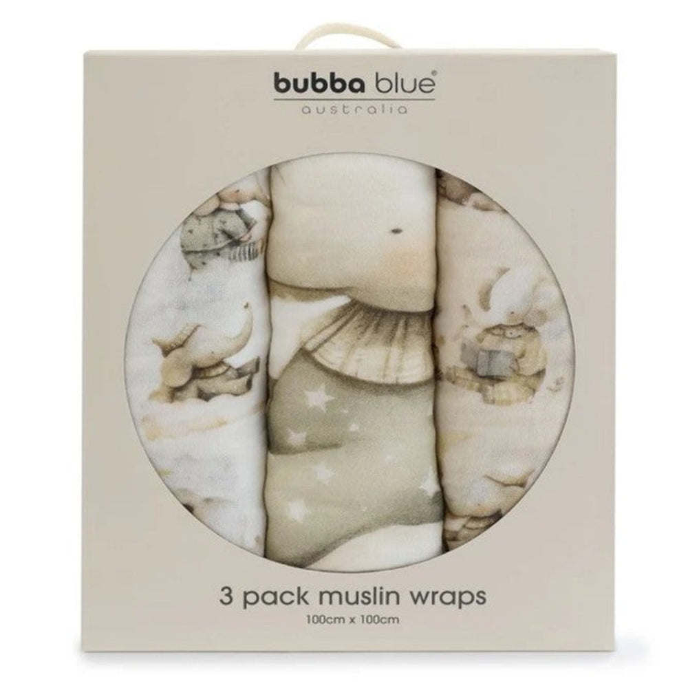 Bubba Blue Elephant Bedtime Muslin Wraps 3 pk