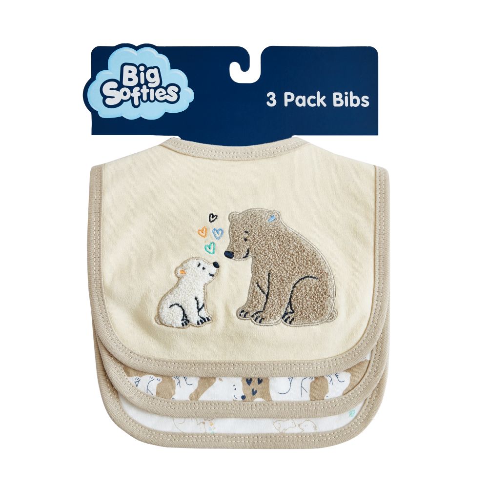 Big Softies 3 Pack Applique And Printed Bibs – Bear